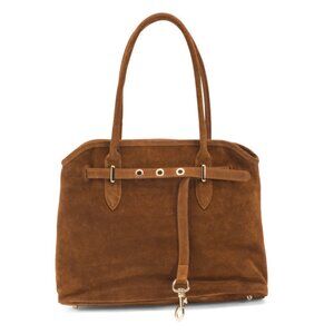 MARLON Chocolate Made In Italy Suede Large Satchel With Front Dog Leash Detail